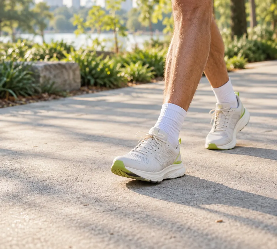 A walker in white trainers taking steps along a sunlit park path, the kind of walk a step calculator turns into distance